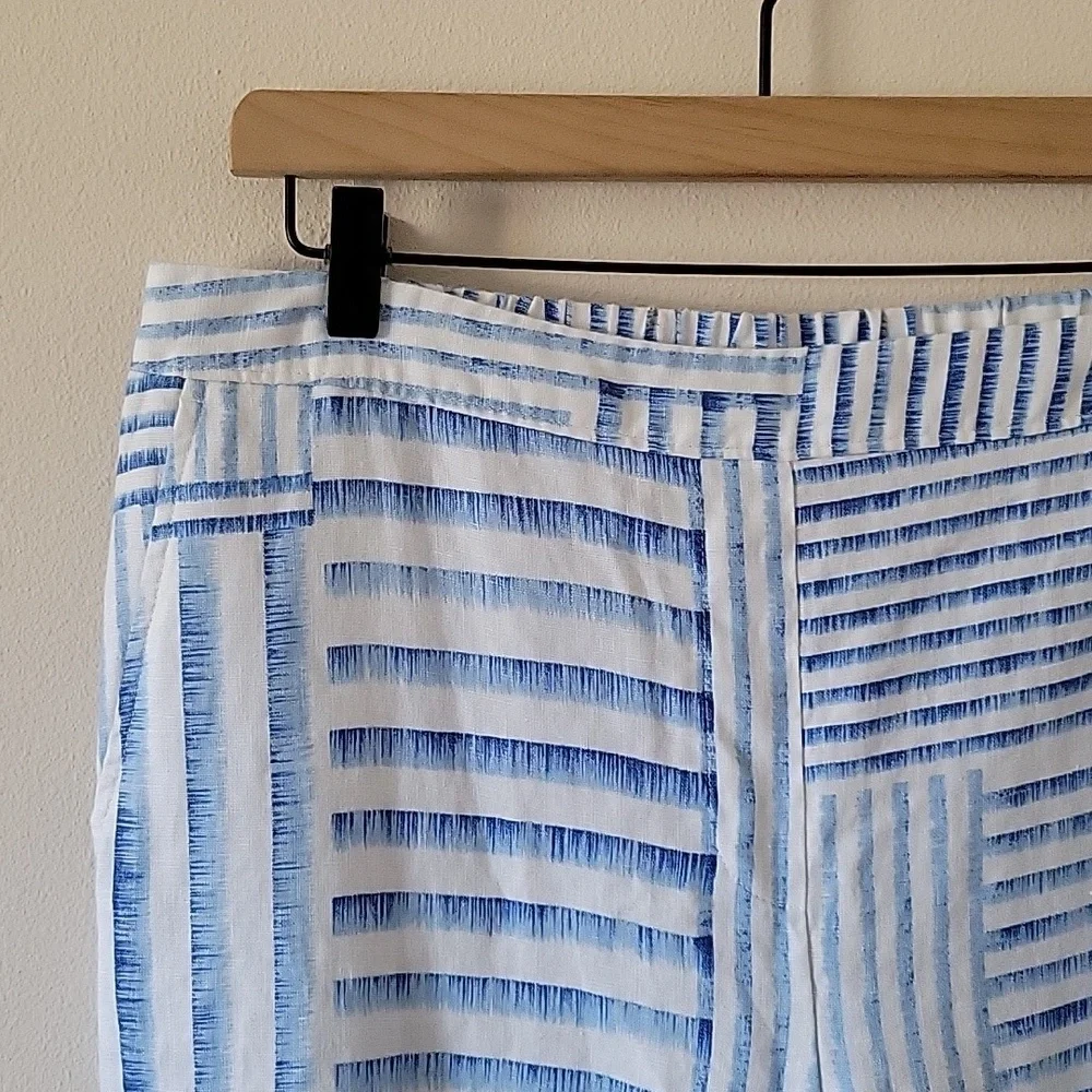 Chico's Blue‎ White Contrast Stripe Linen Pull-on Cropped Pants Size 10